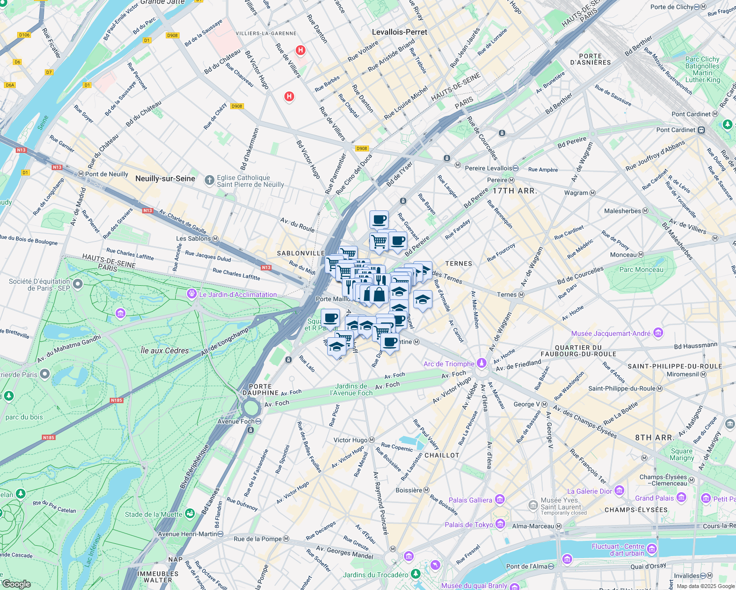 map of restaurants, bars, coffee shops, grocery stores, and more near 271 Boulevard Pereire in Paris