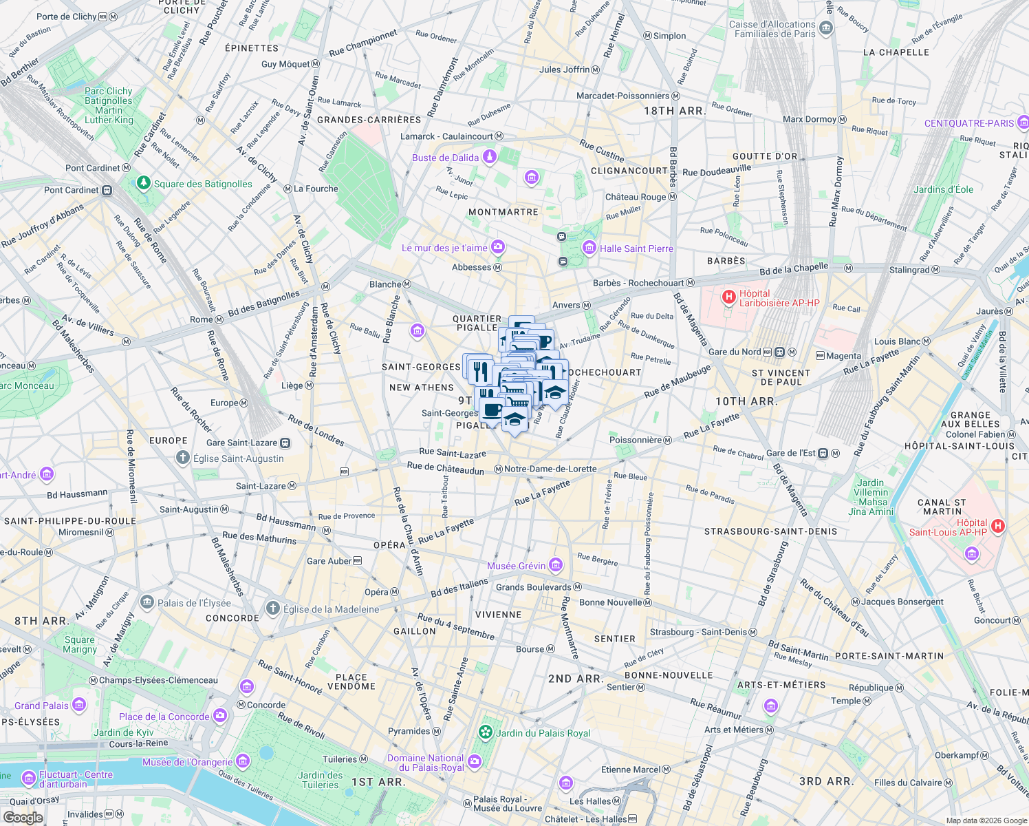 map of restaurants, bars, coffee shops, grocery stores, and more near 25 Rue des Martyrs in Paris