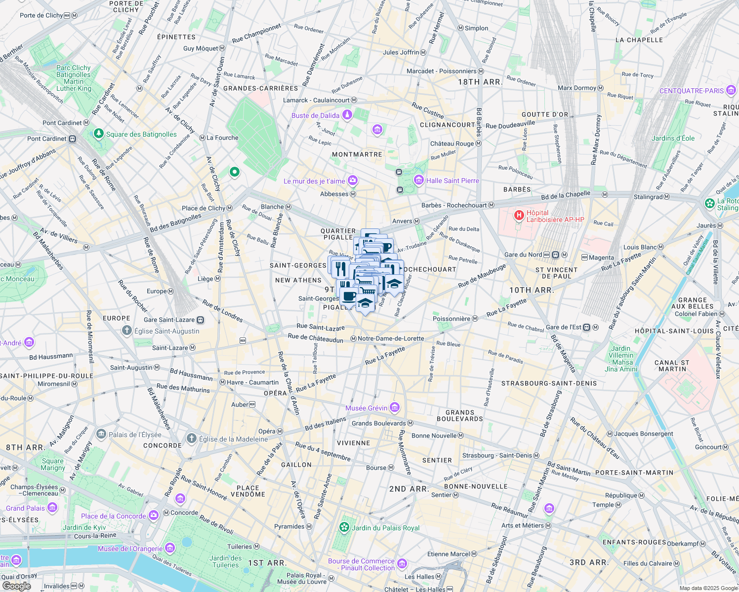 map of restaurants, bars, coffee shops, grocery stores, and more near 32 Rue des Martyrs in Paris