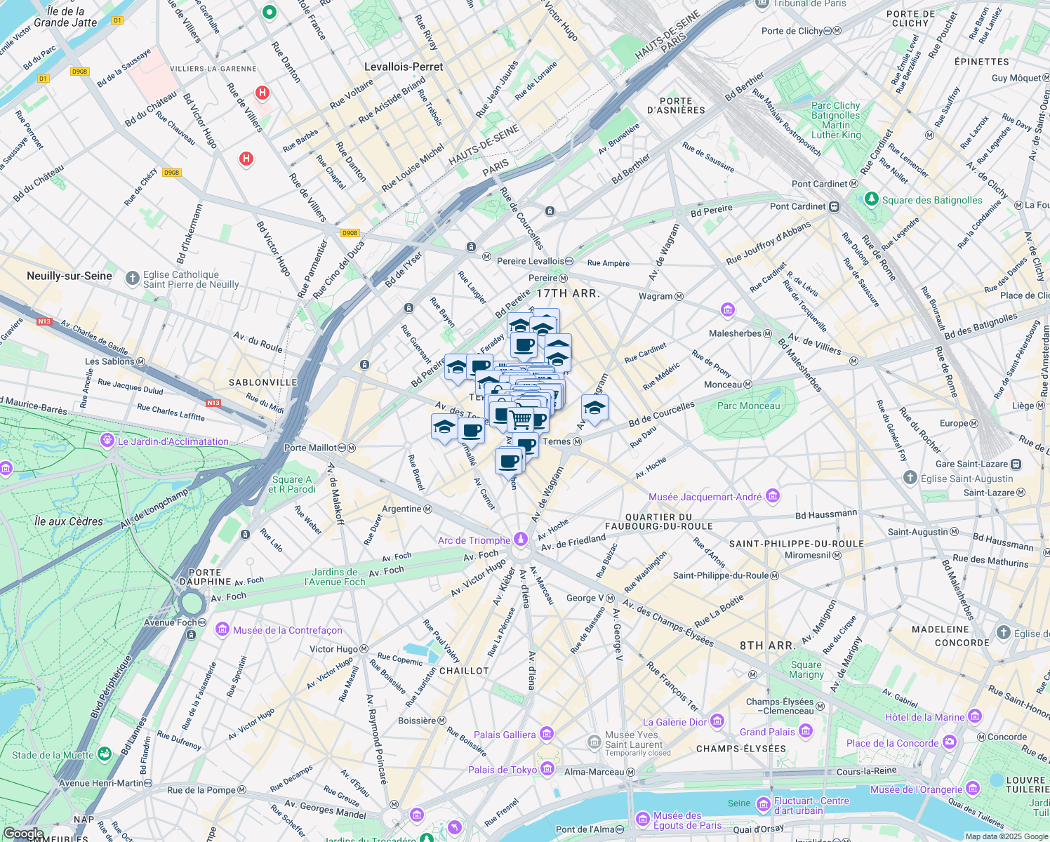 map of restaurants, bars, coffee shops, grocery stores, and more near 11 Rue Bayen in Paris