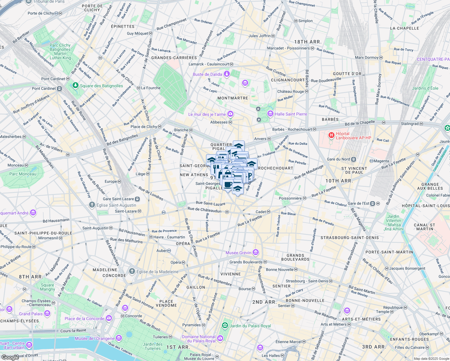 map of restaurants, bars, coffee shops, grocery stores, and more near in Paris