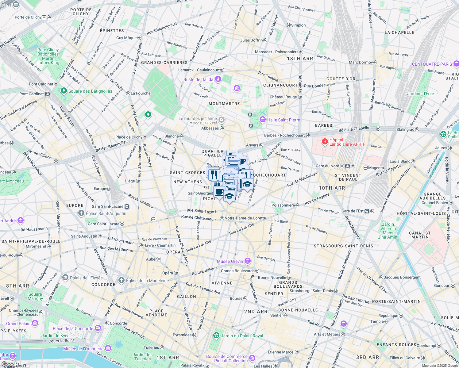 map of restaurants, bars, coffee shops, grocery stores, and more near 37 Rue des Martyrs in Paris