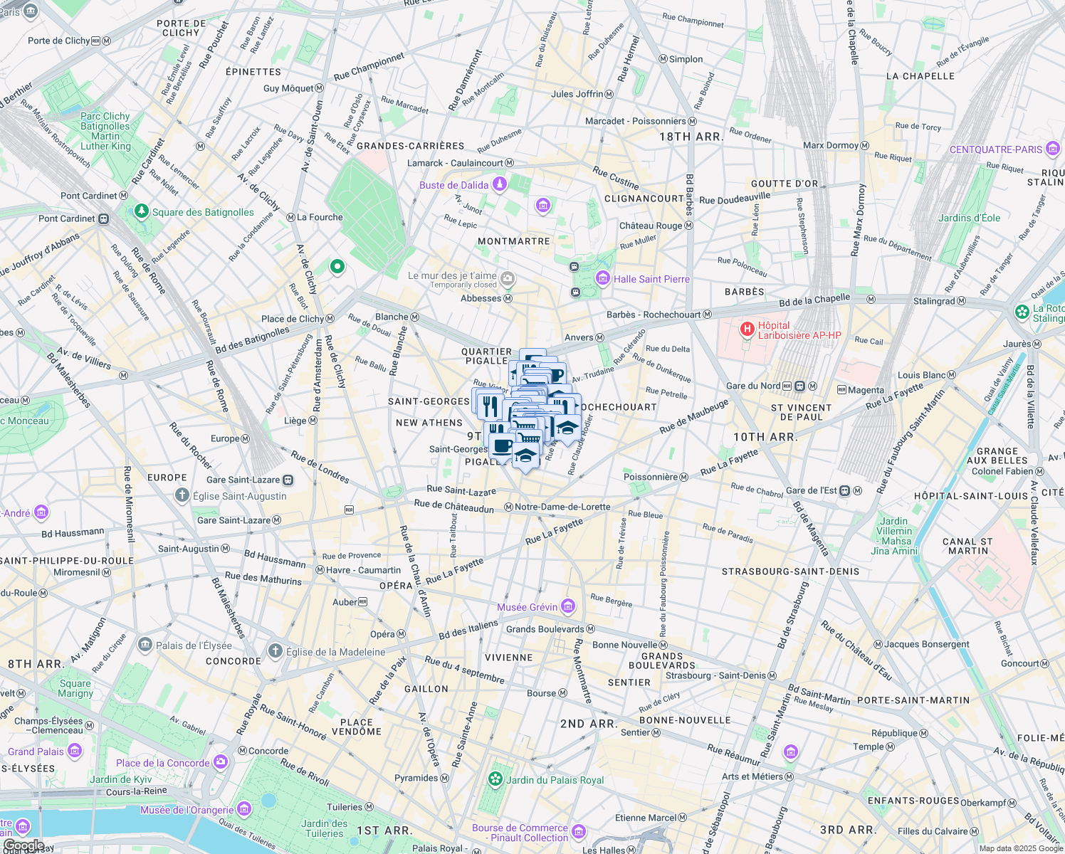 map of restaurants, bars, coffee shops, grocery stores, and more near 46 Rue des Martyrs in Paris
