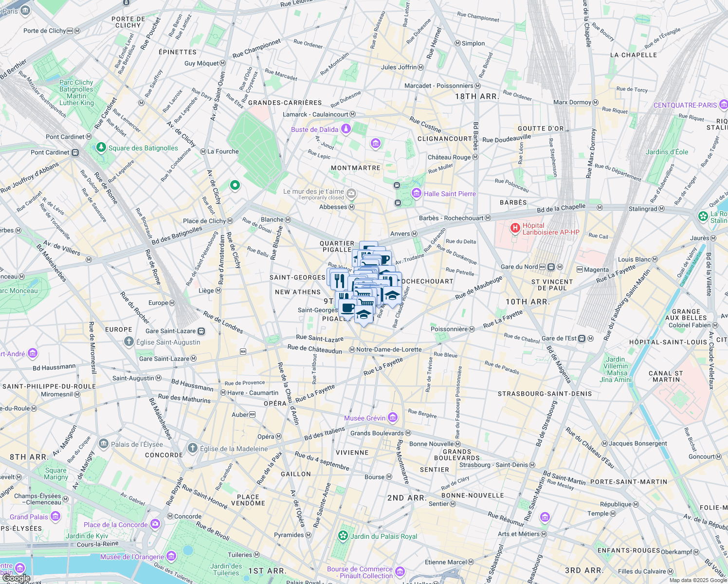 map of restaurants, bars, coffee shops, grocery stores, and more near 4 Rue de Navarin in Paris