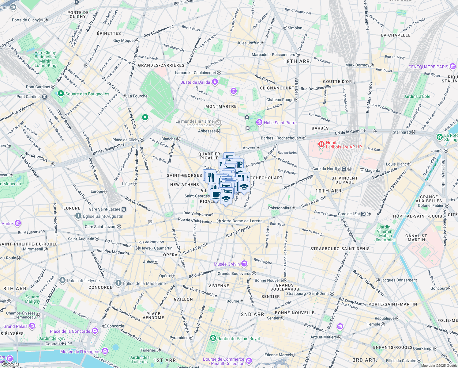 map of restaurants, bars, coffee shops, grocery stores, and more near 41 Rue des Martyrs in Paris