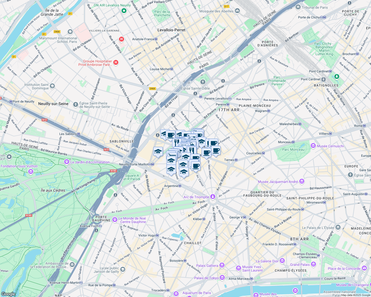 map of restaurants, bars, coffee shops, grocery stores, and more near 68 Avenue des Ternes in Paris