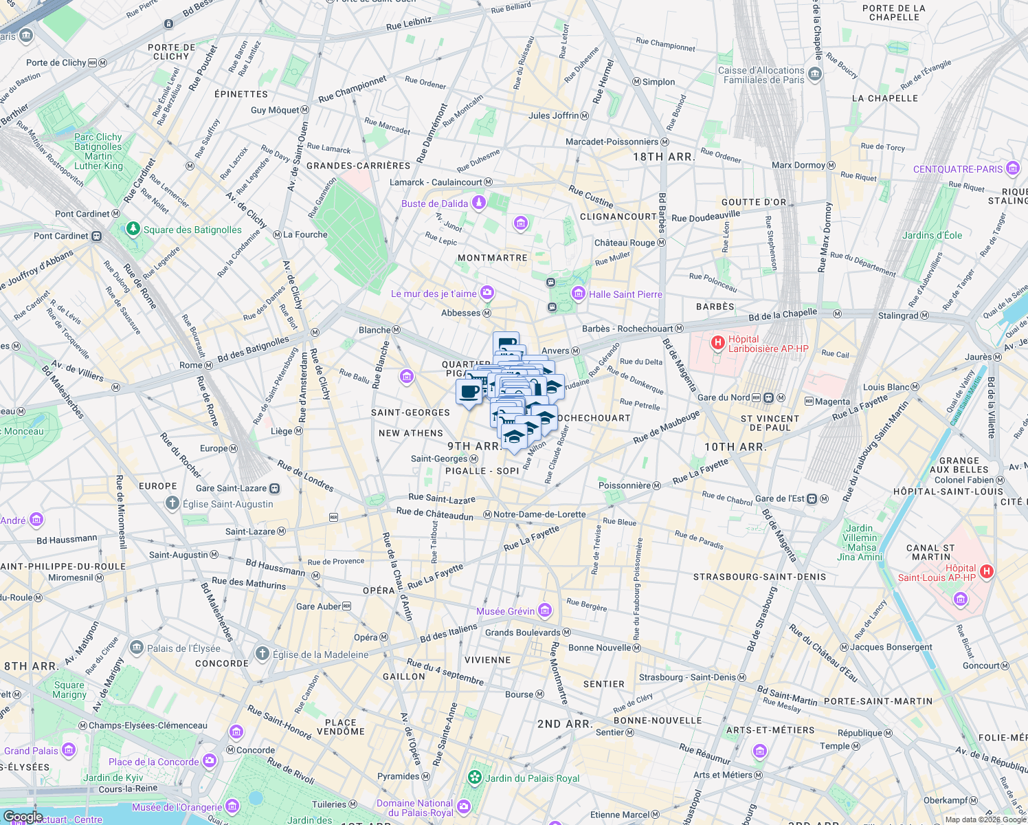 map of restaurants, bars, coffee shops, grocery stores, and more near 53 Rue des Martyrs in Paris