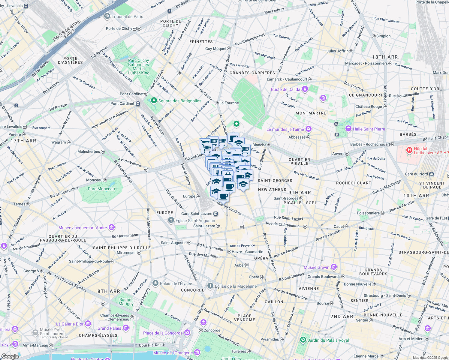 map of restaurants, bars, coffee shops, grocery stores, and more near 55 Rue d'Amsterdam in Paris