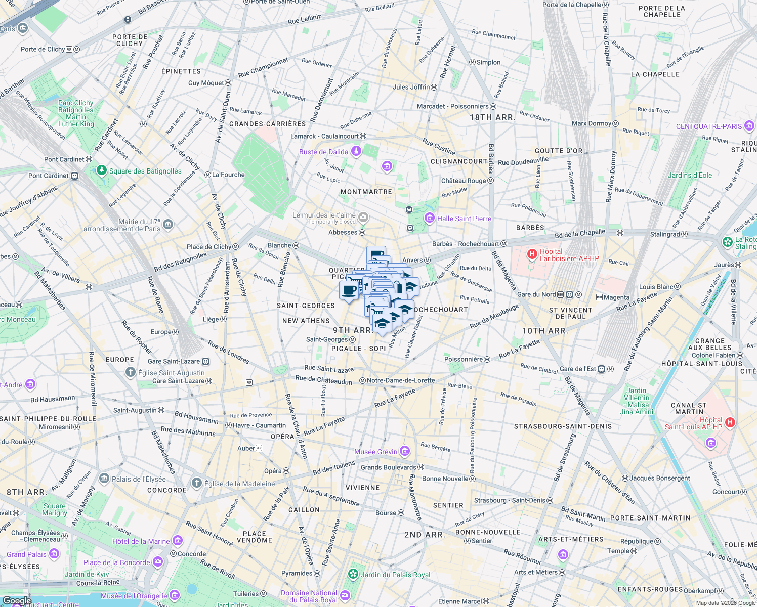 map of restaurants, bars, coffee shops, grocery stores, and more near 3 Rue Victor Massé in Paris