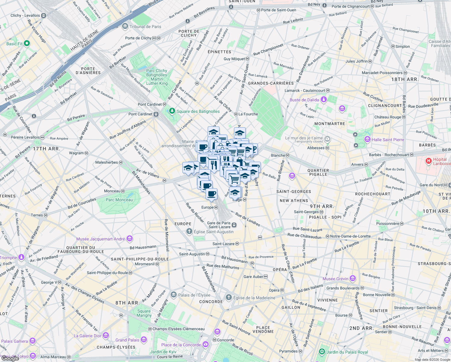 map of restaurants, bars, coffee shops, grocery stores, and more near 7 Rue Clapeyron in Paris