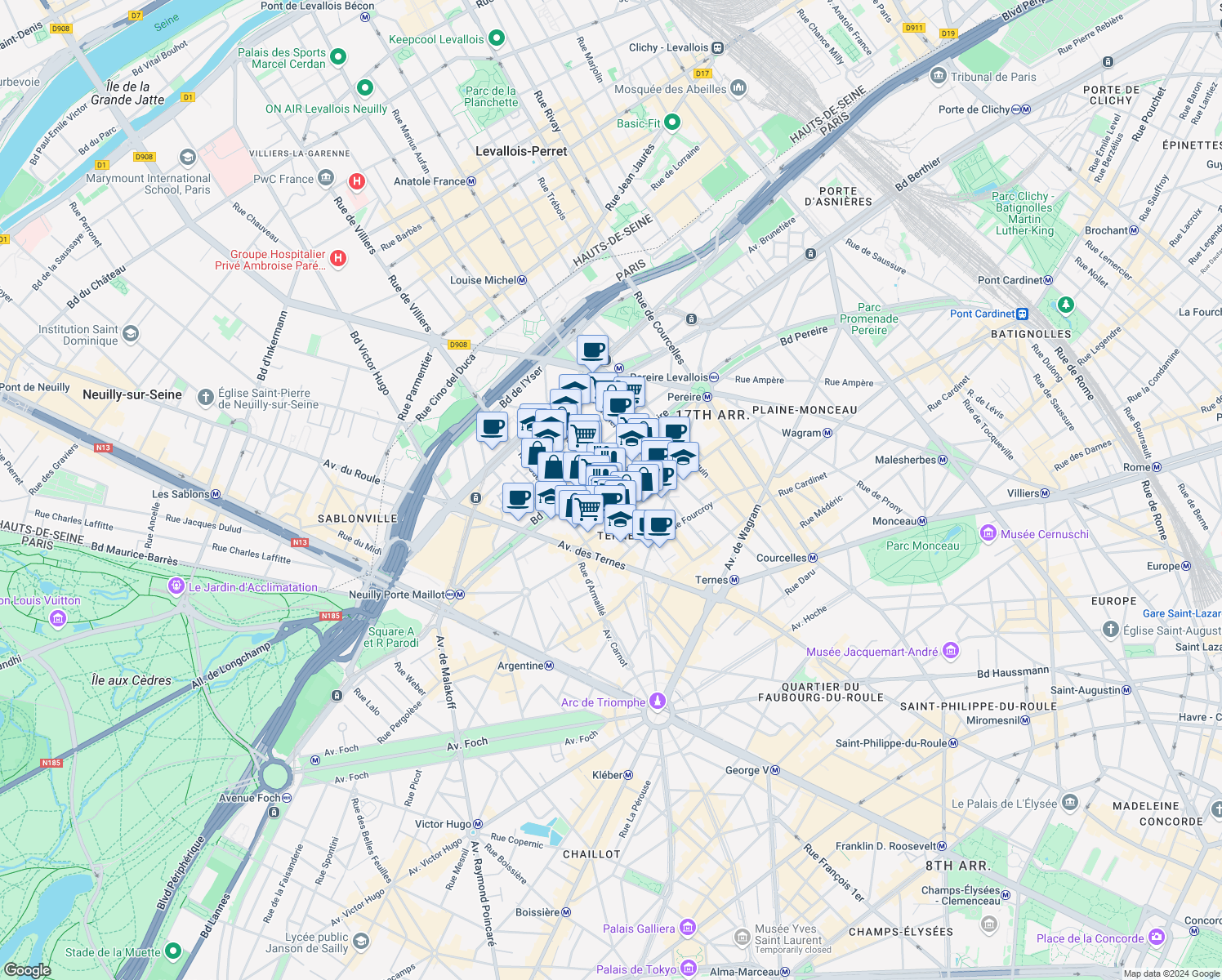 map of restaurants, bars, coffee shops, grocery stores, and more near 36 Rue Bayen in Paris