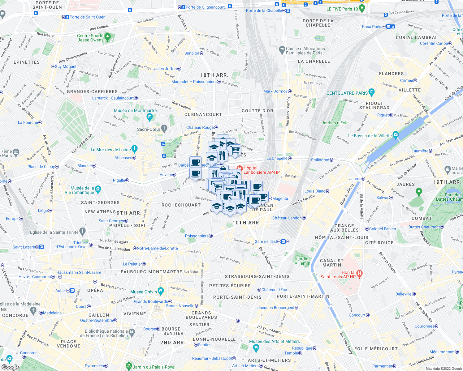 map of restaurants, bars, coffee shops, grocery stores, and more near 11 Rue Ambroise Paré in Paris