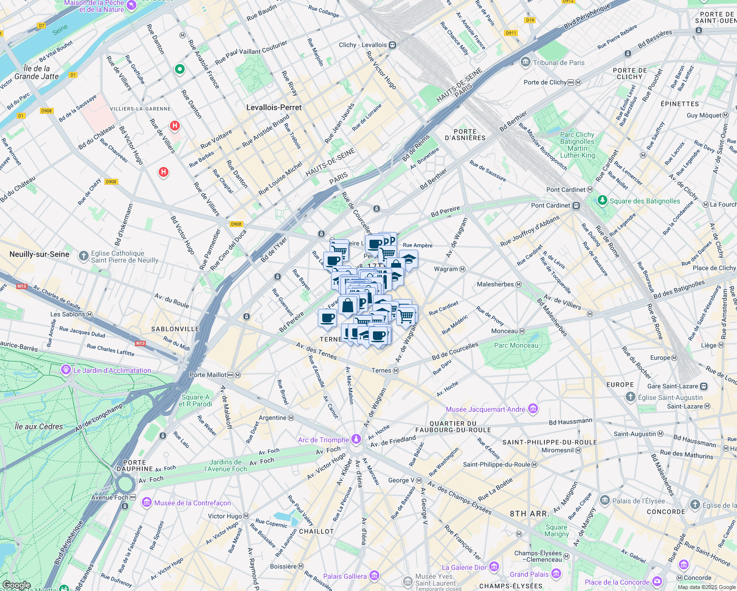 map of restaurants, bars, coffee shops, grocery stores, and more near 73 Avenue Niel in Paris