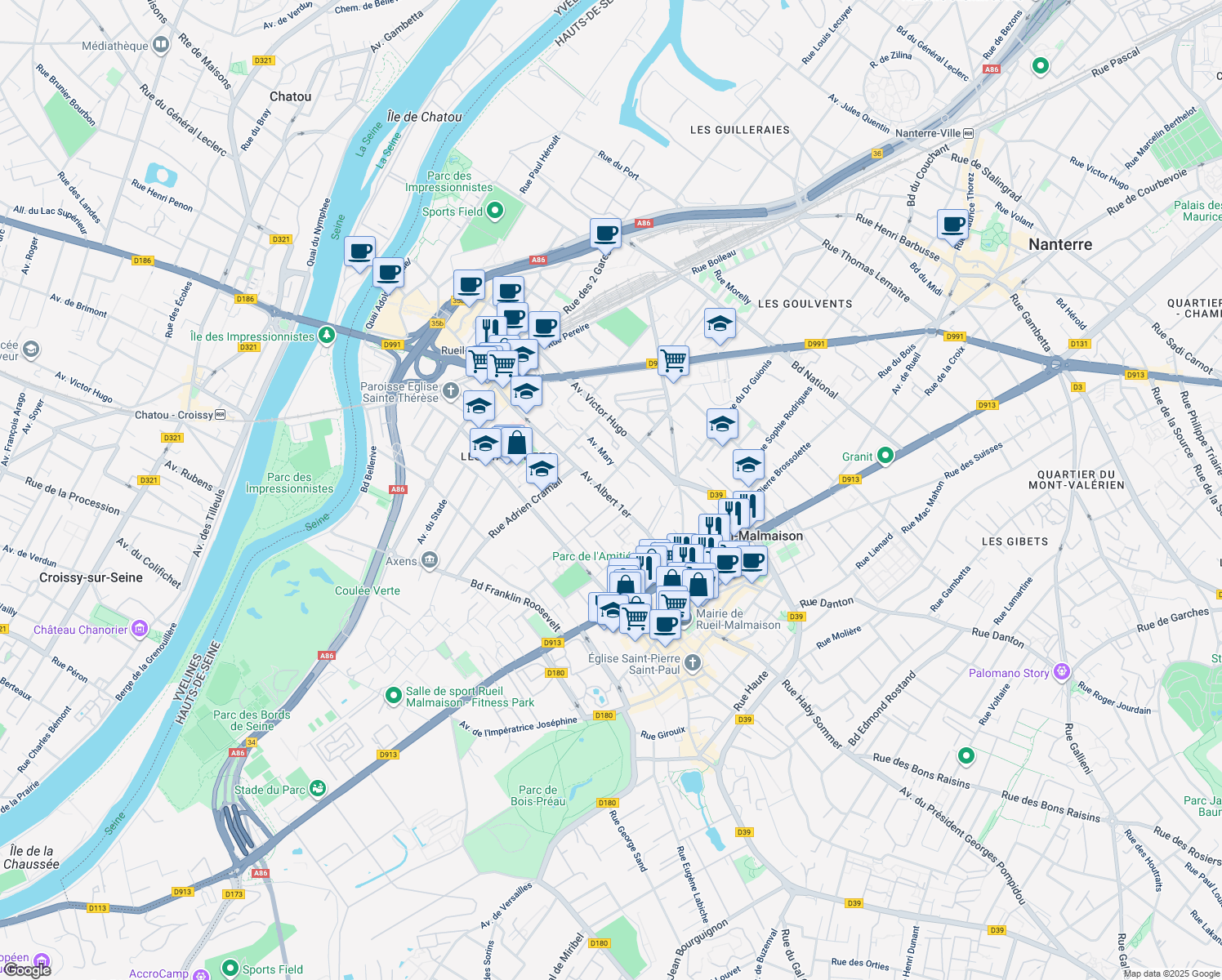 map of restaurants, bars, coffee shops, grocery stores, and more near in Rueil-Malmaison