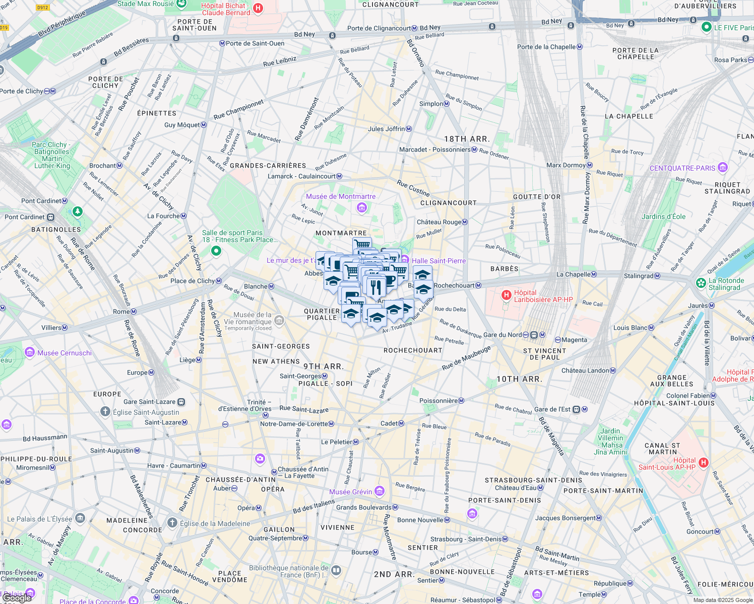 map of restaurants, bars, coffee shops, grocery stores, and more near 4 Rue Dancourt in Paris