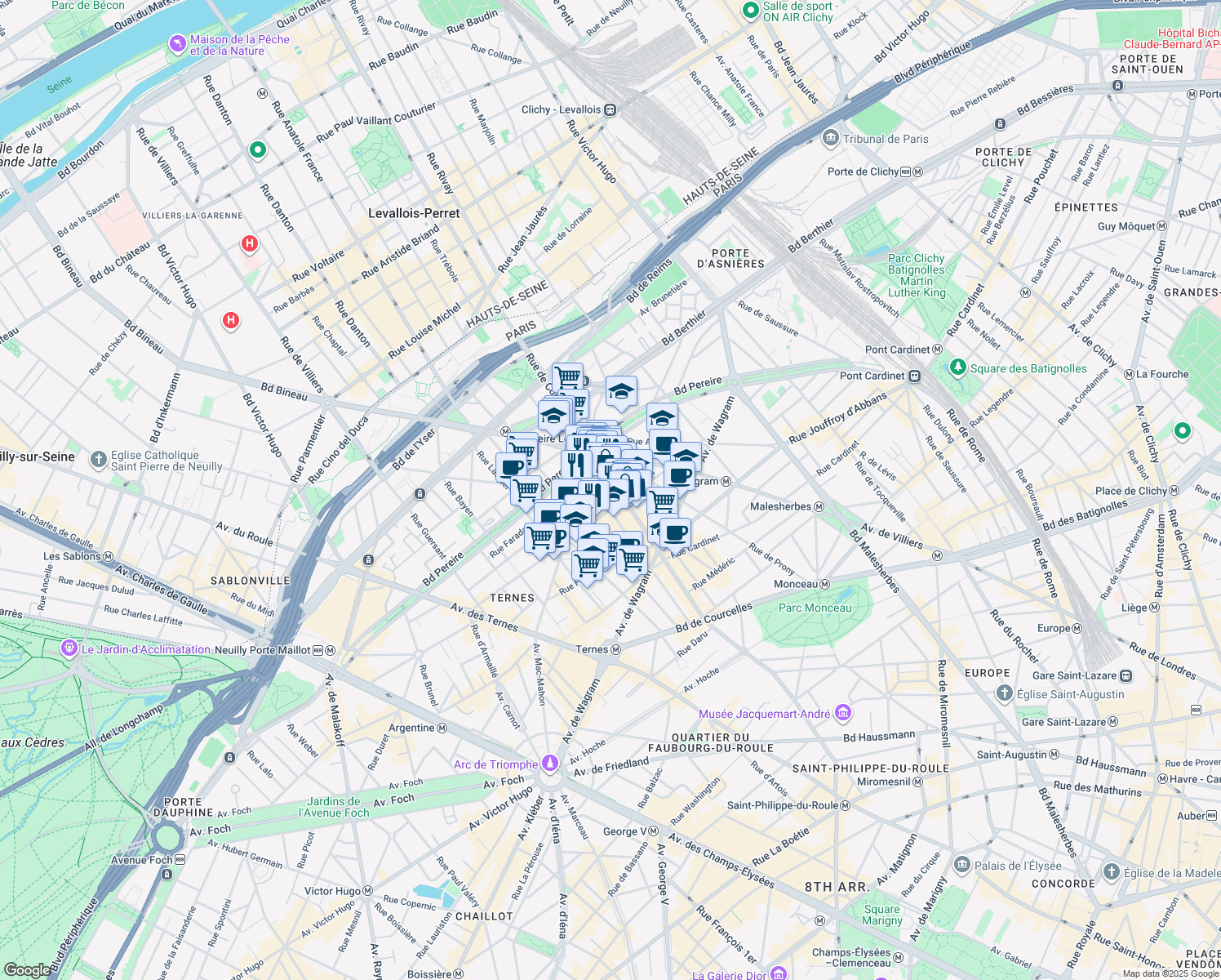 map of restaurants, bars, coffee shops, grocery stores, and more near 153 Rue de Courcelles in Paris