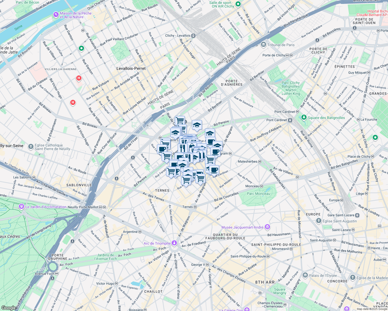map of restaurants, bars, coffee shops, grocery stores, and more near 153 Rue de Courcelles in Paris