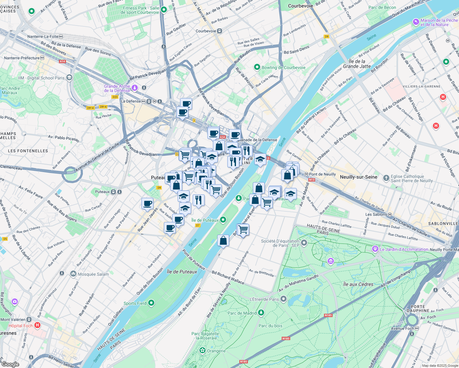 map of restaurants, bars, coffee shops, grocery stores, and more near 54 Quai de Dion Bouton in Puteaux