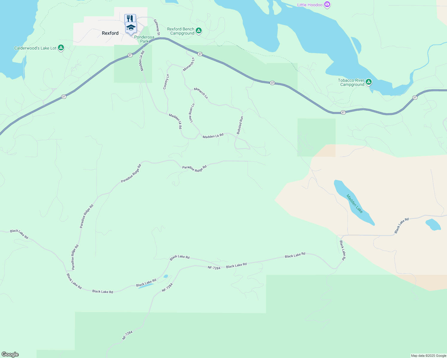 map of restaurants, bars, coffee shops, grocery stores, and more near 972 Madden Lake Road in Rexford