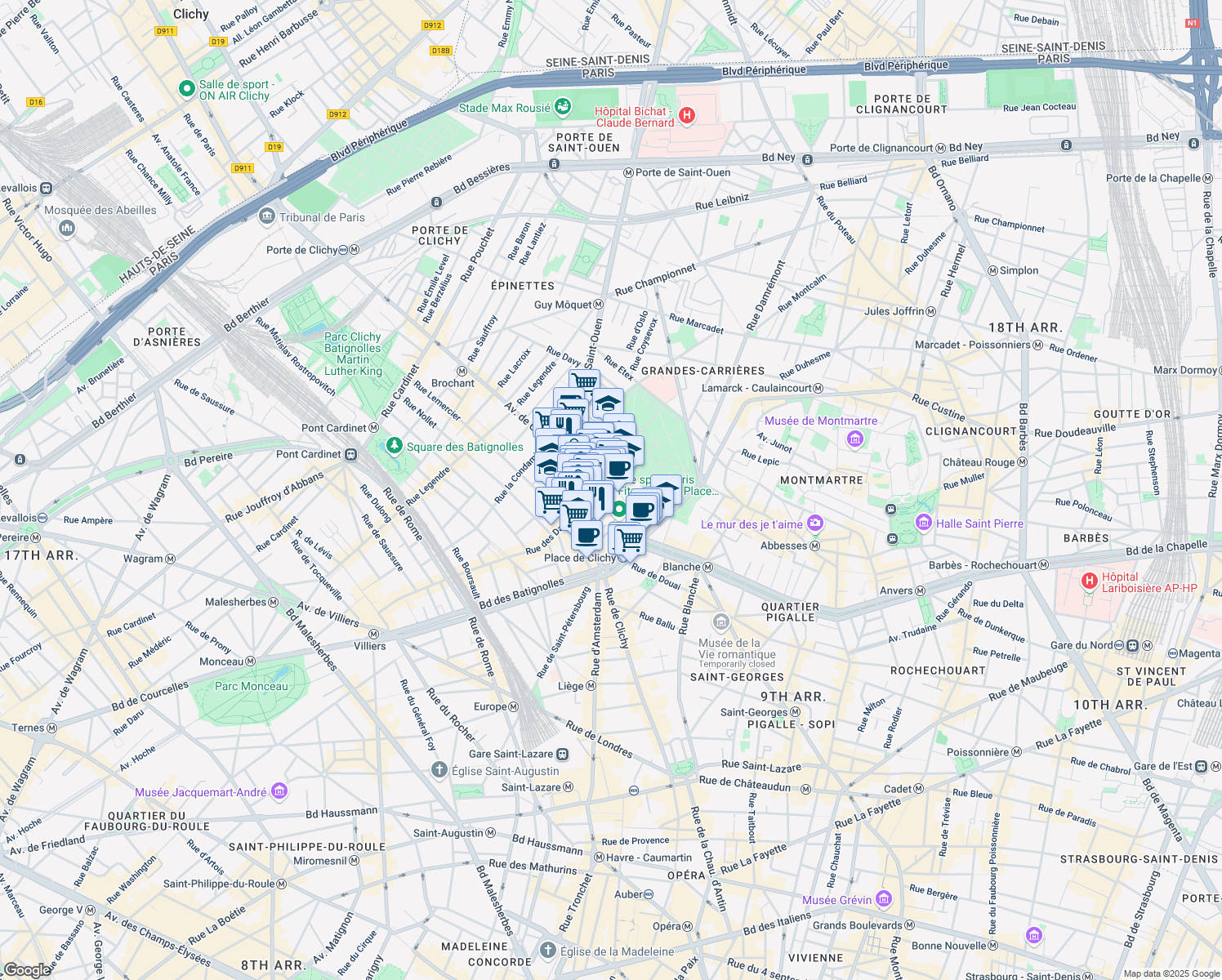 map of restaurants, bars, coffee shops, grocery stores, and more near 13 Rue Cavallotti in Paris