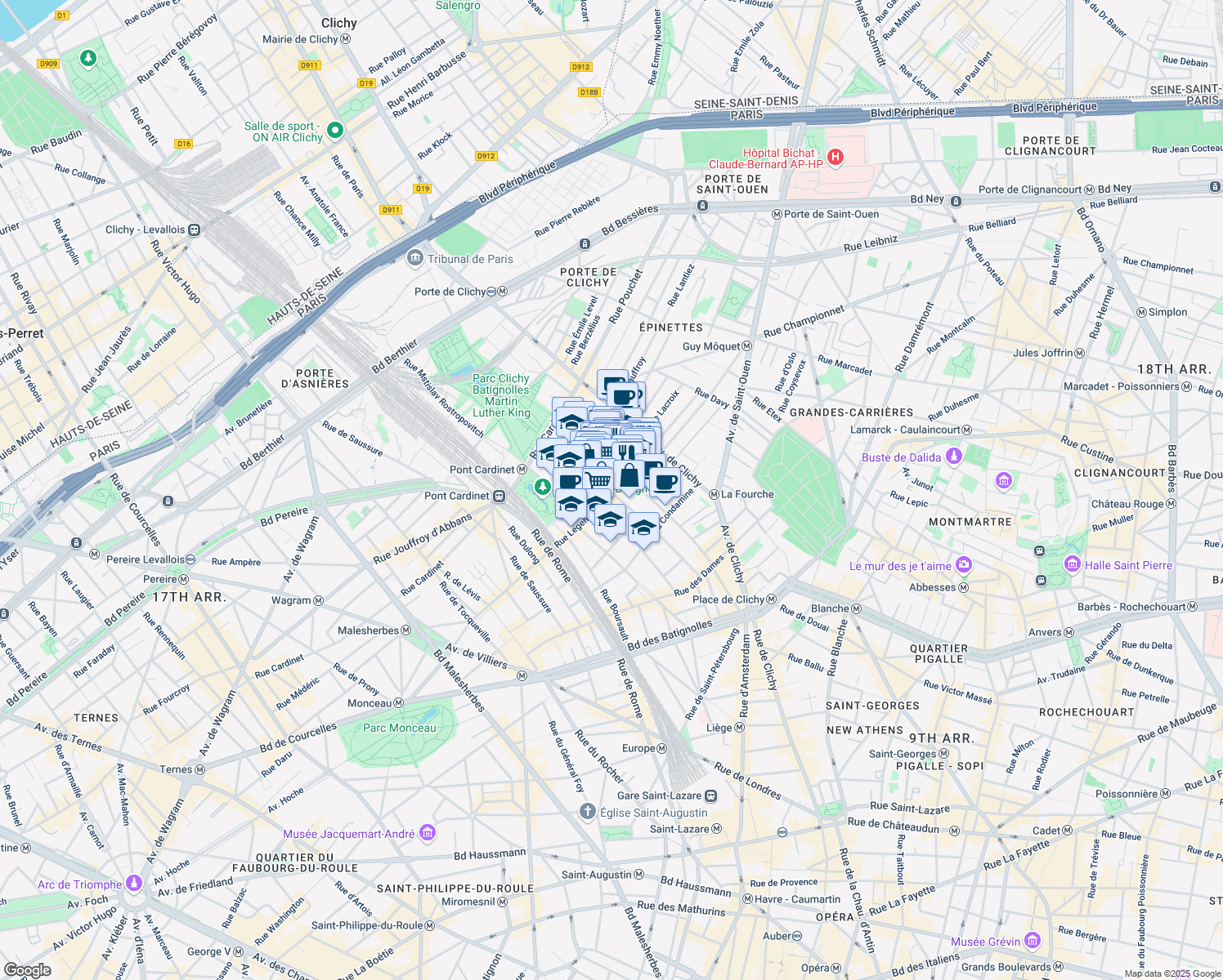 map of restaurants, bars, coffee shops, grocery stores, and more near 84 Rue Nollet in Paris