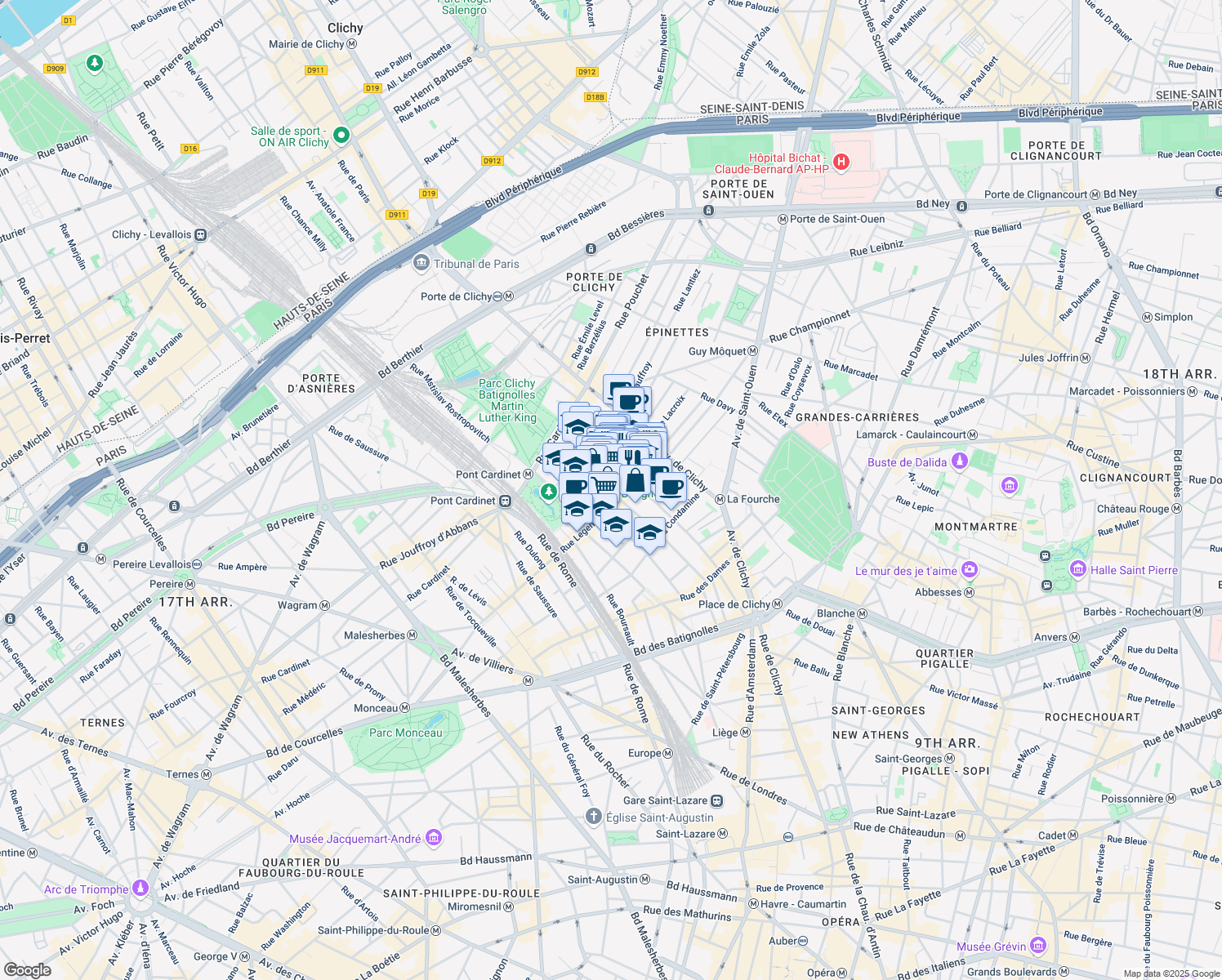 map of restaurants, bars, coffee shops, grocery stores, and more near 90 Rue Nollet in Paris