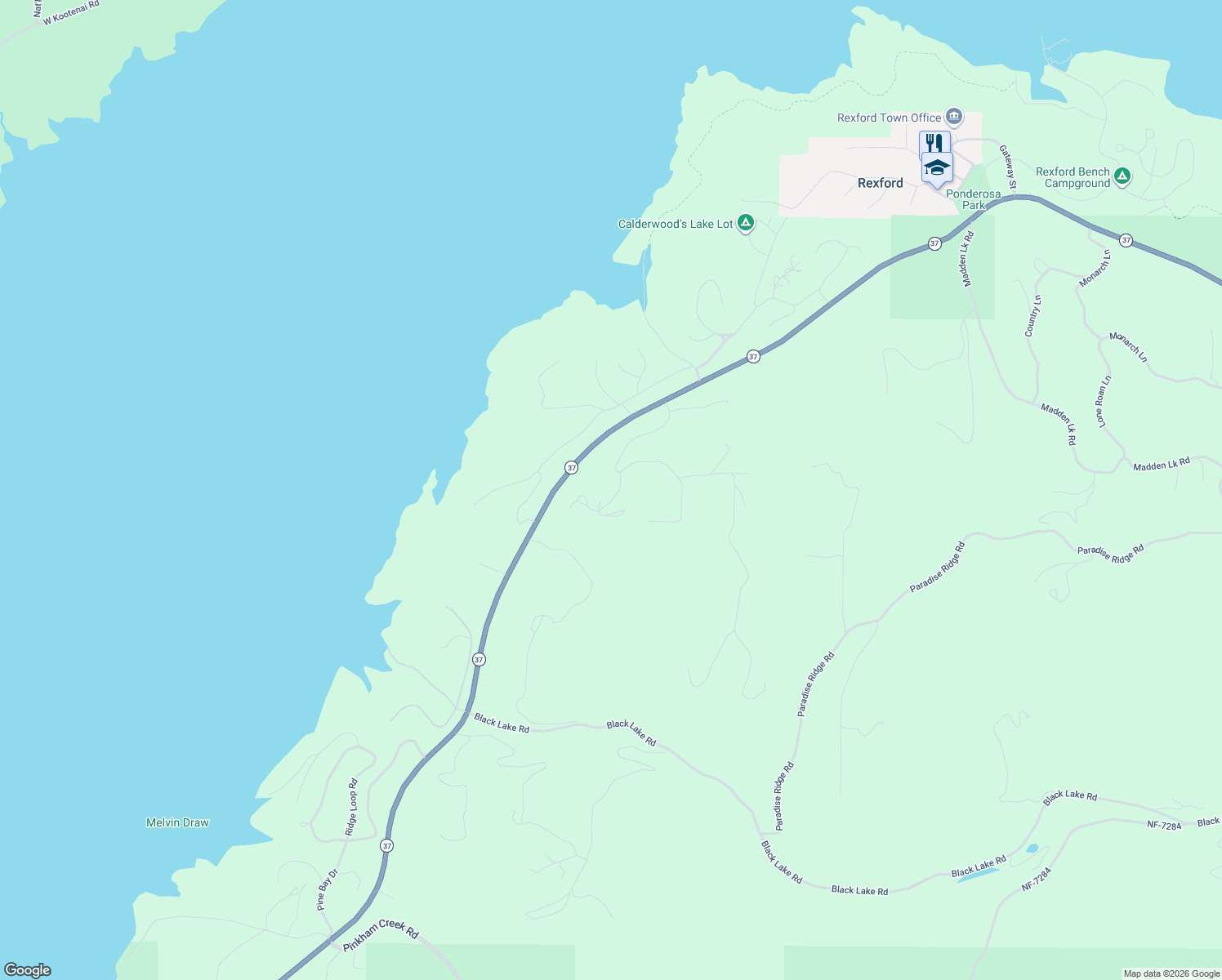 map of restaurants, bars, coffee shops, grocery stores, and more near State Highway 37 in Rexford
