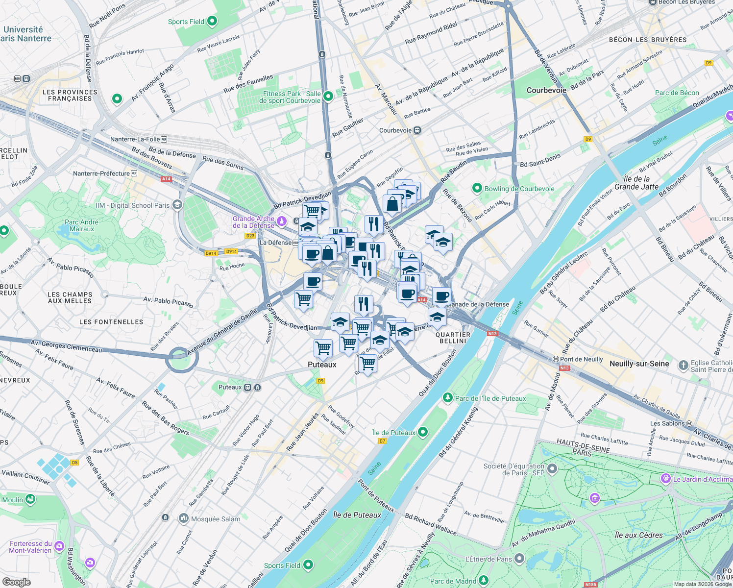 map of restaurants, bars, coffee shops, grocery stores, and more near in Puteaux