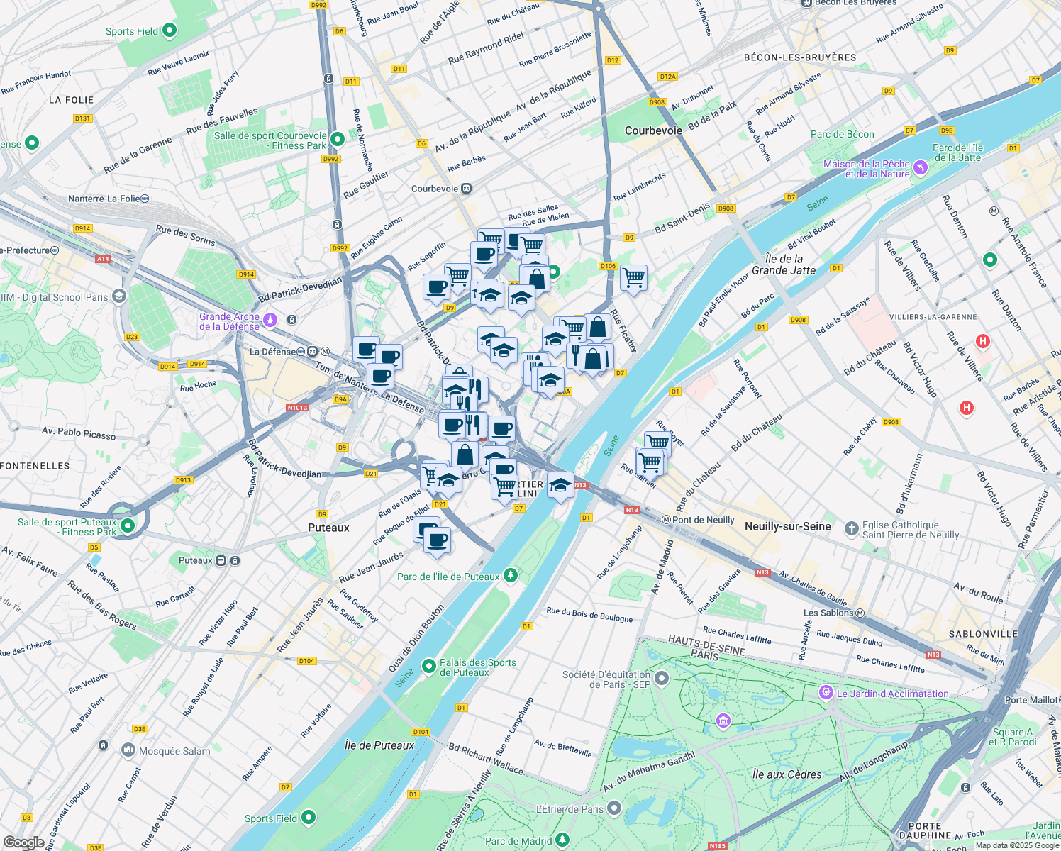 map of restaurants, bars, coffee shops, grocery stores, and more near in Courbevoie