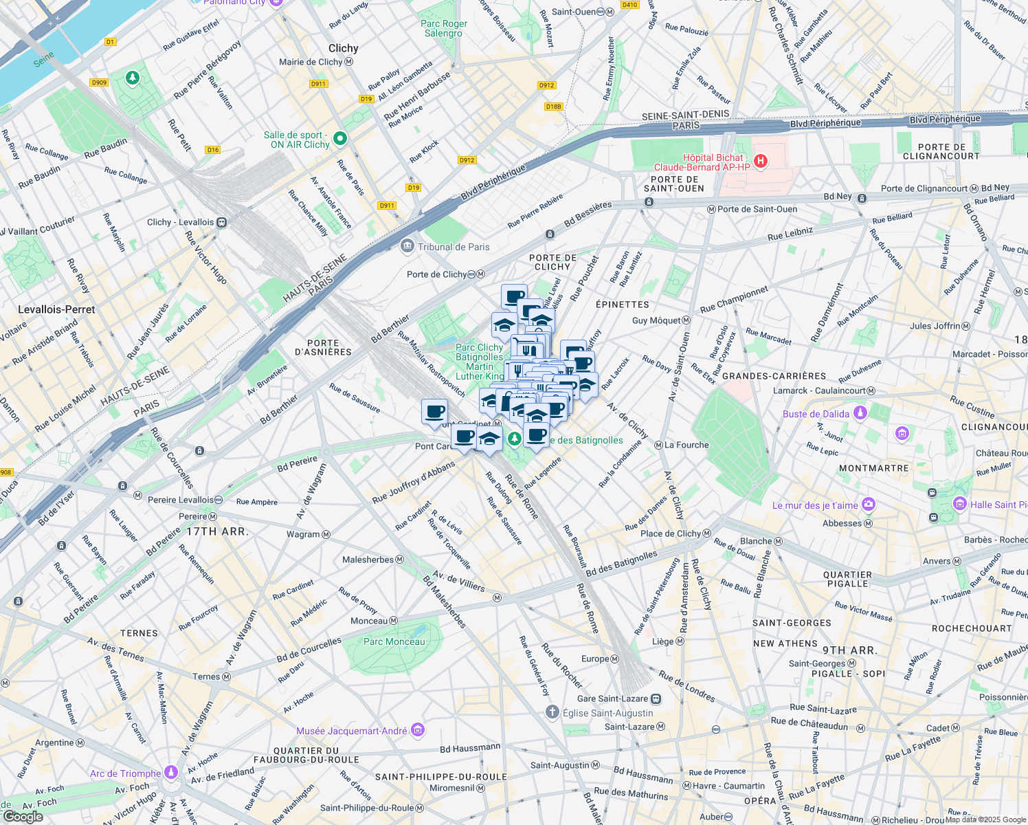 map of restaurants, bars, coffee shops, grocery stores, and more near 118 Rue Truffaut in Paris