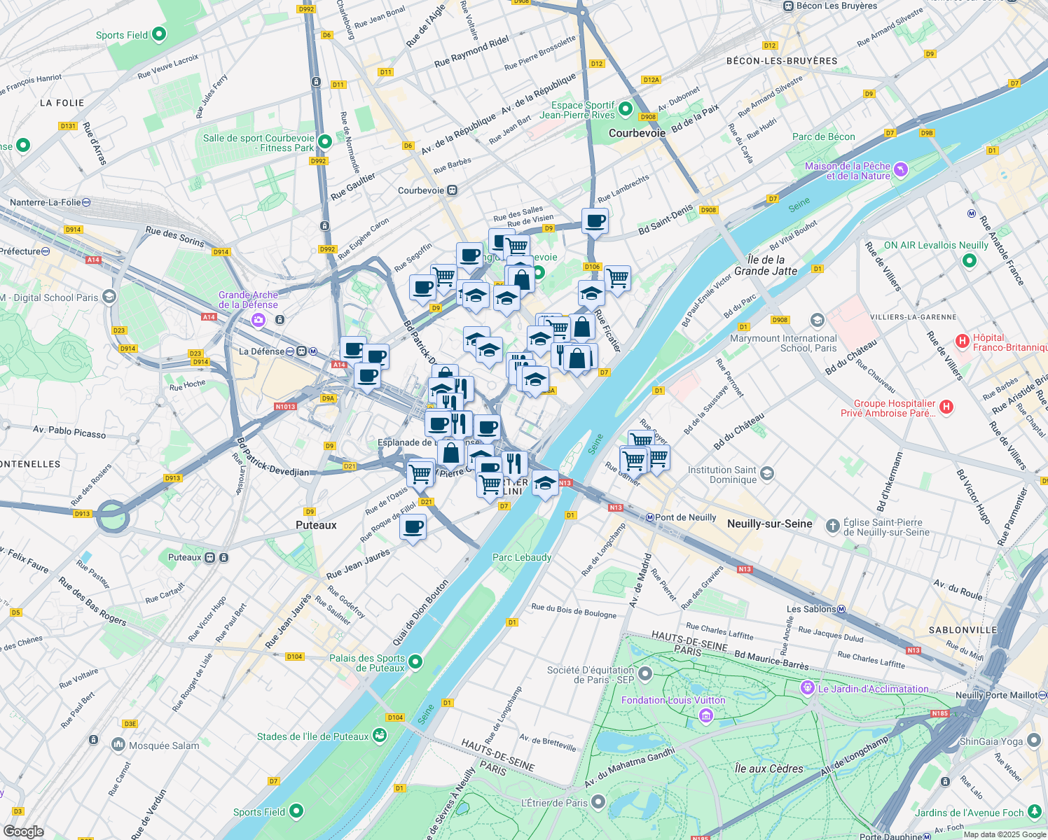 map of restaurants, bars, coffee shops, grocery stores, and more near 2 Place des Saisons in Courbevoie