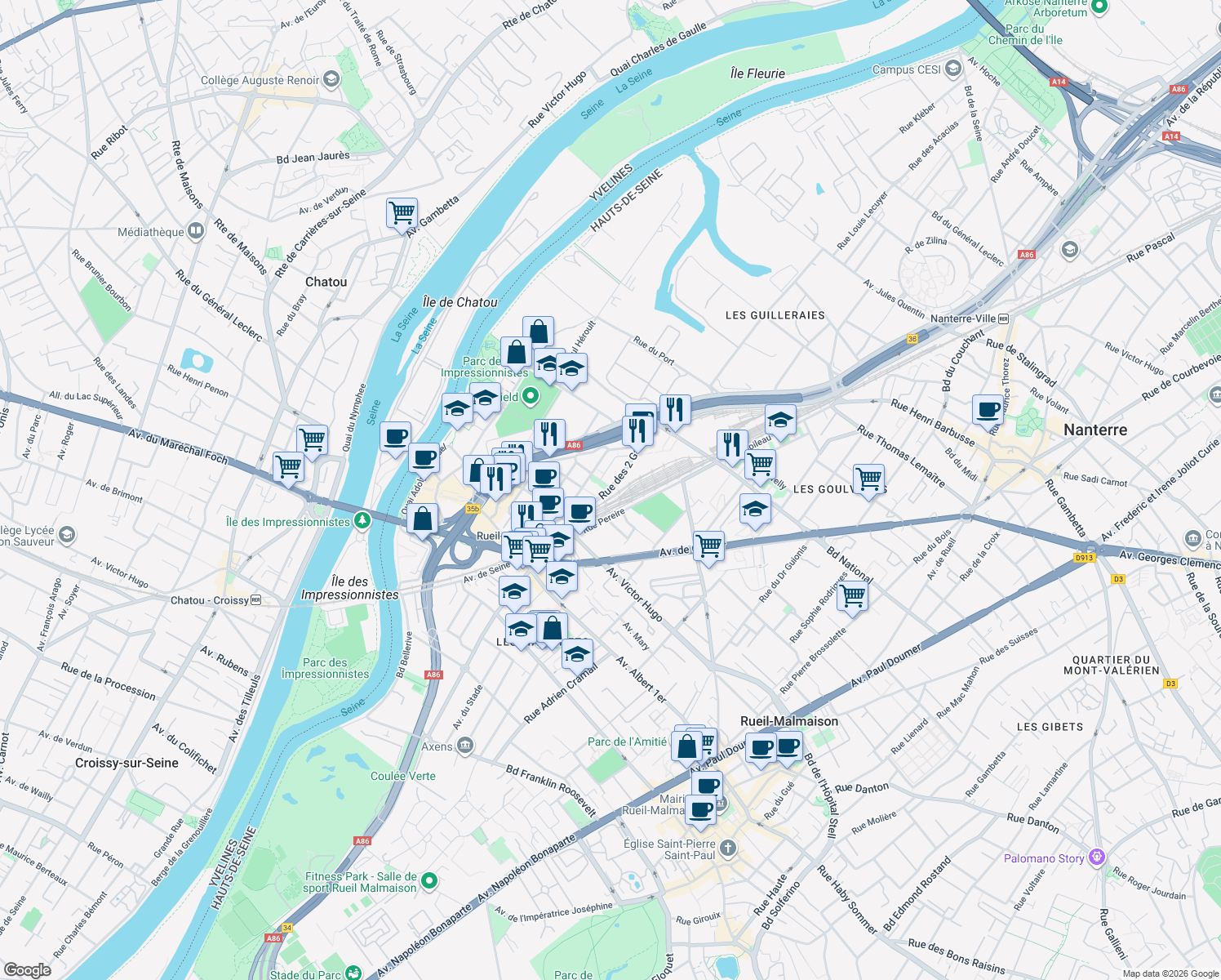 map of restaurants, bars, coffee shops, grocery stores, and more near 20 Rue des Deux Gares in Rueil-Malmaison