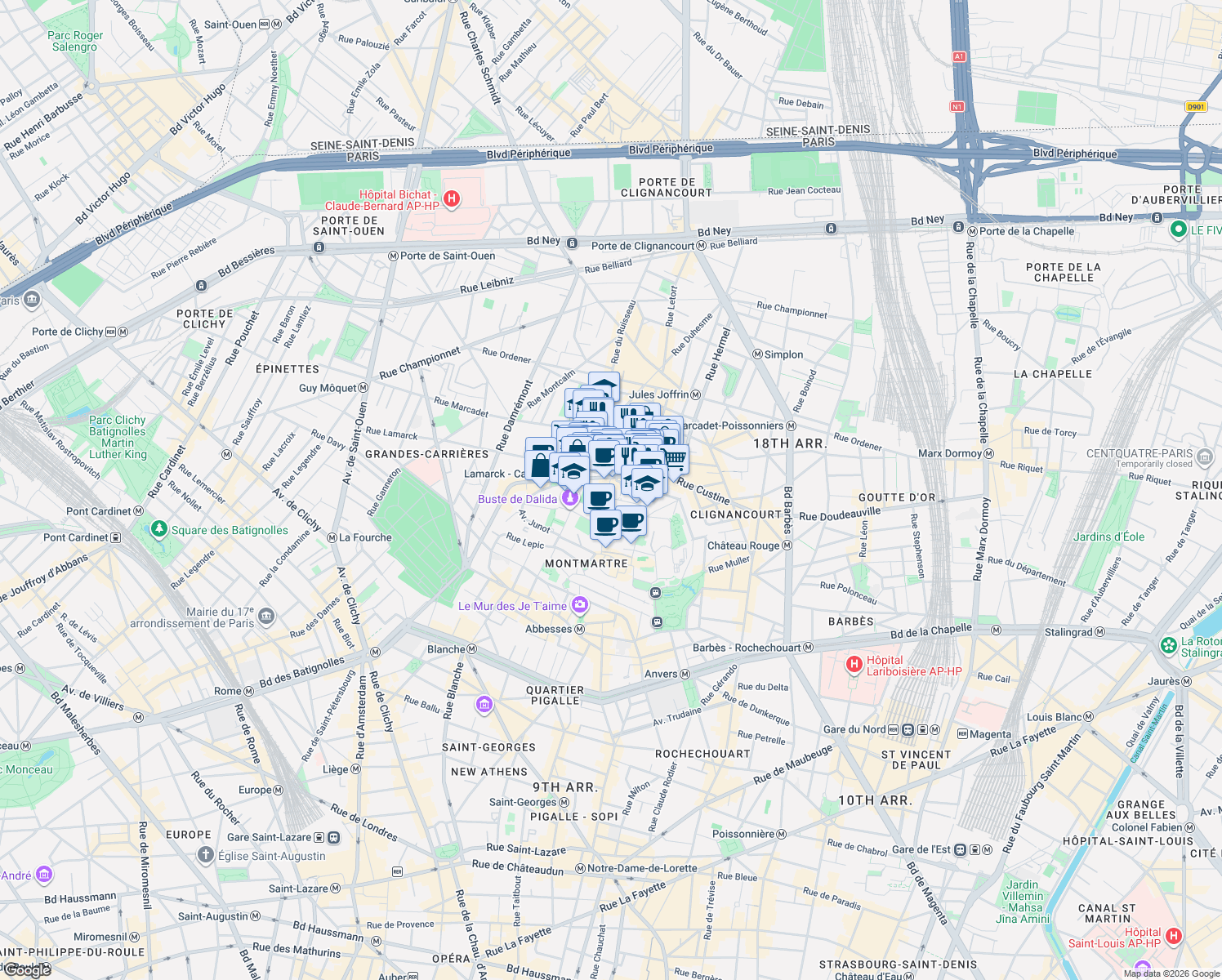map of restaurants, bars, coffee shops, grocery stores, and more near 30 Rue des Saules in Paris