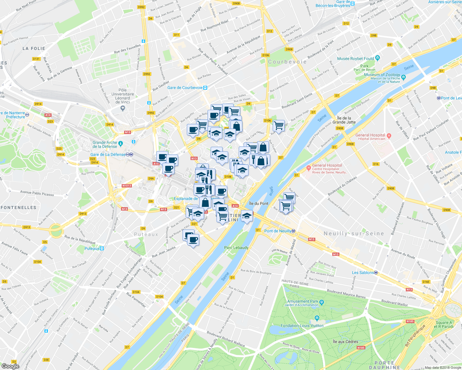map of restaurants, bars, coffee shops, grocery stores, and more near 2 Place des Saisons in Courbevoie