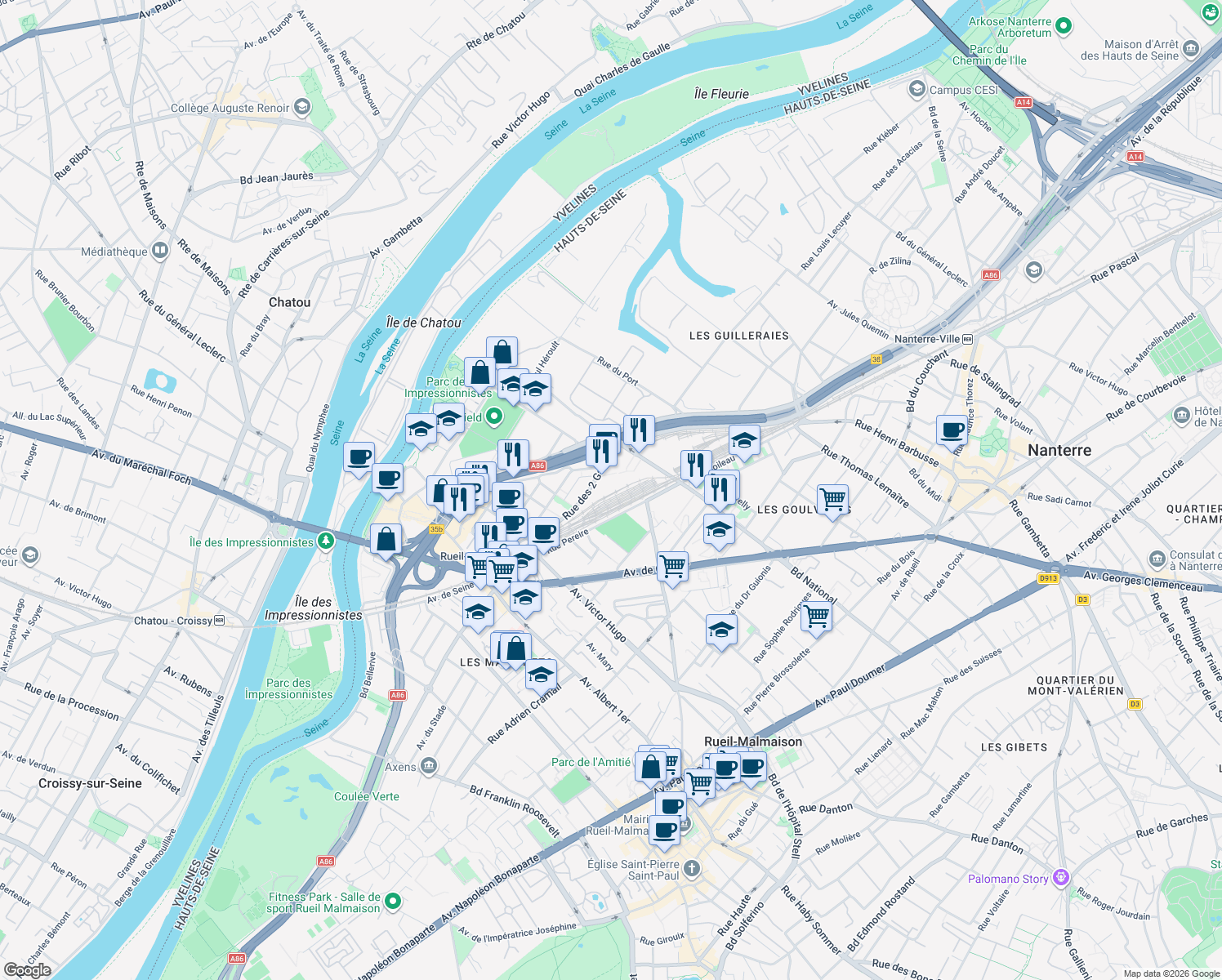 map of restaurants, bars, coffee shops, grocery stores, and more near 20 Rue des Deux Gares in Rueil-Malmaison