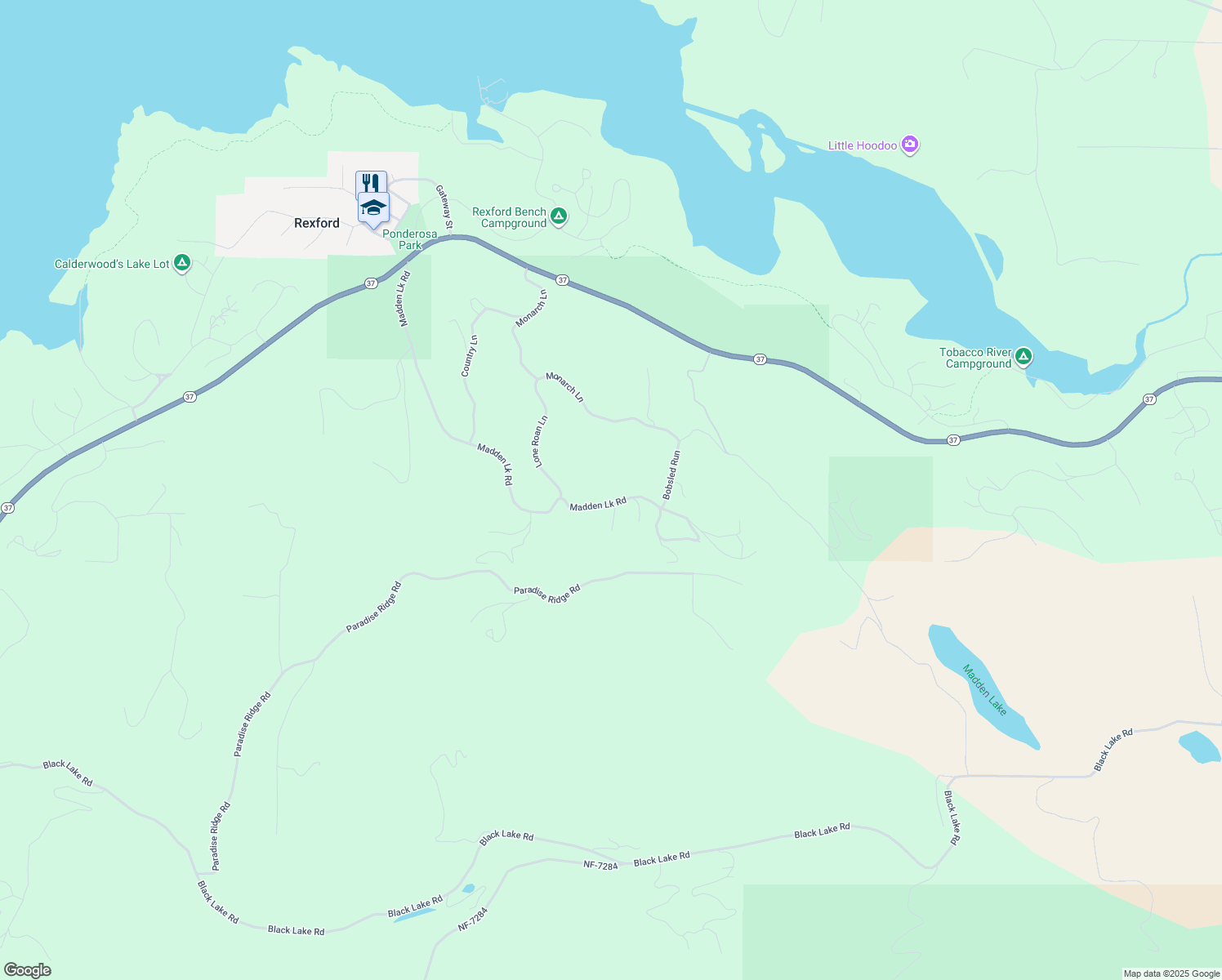 map of restaurants, bars, coffee shops, grocery stores, and more near 972 Madden Lake Road in Rexford