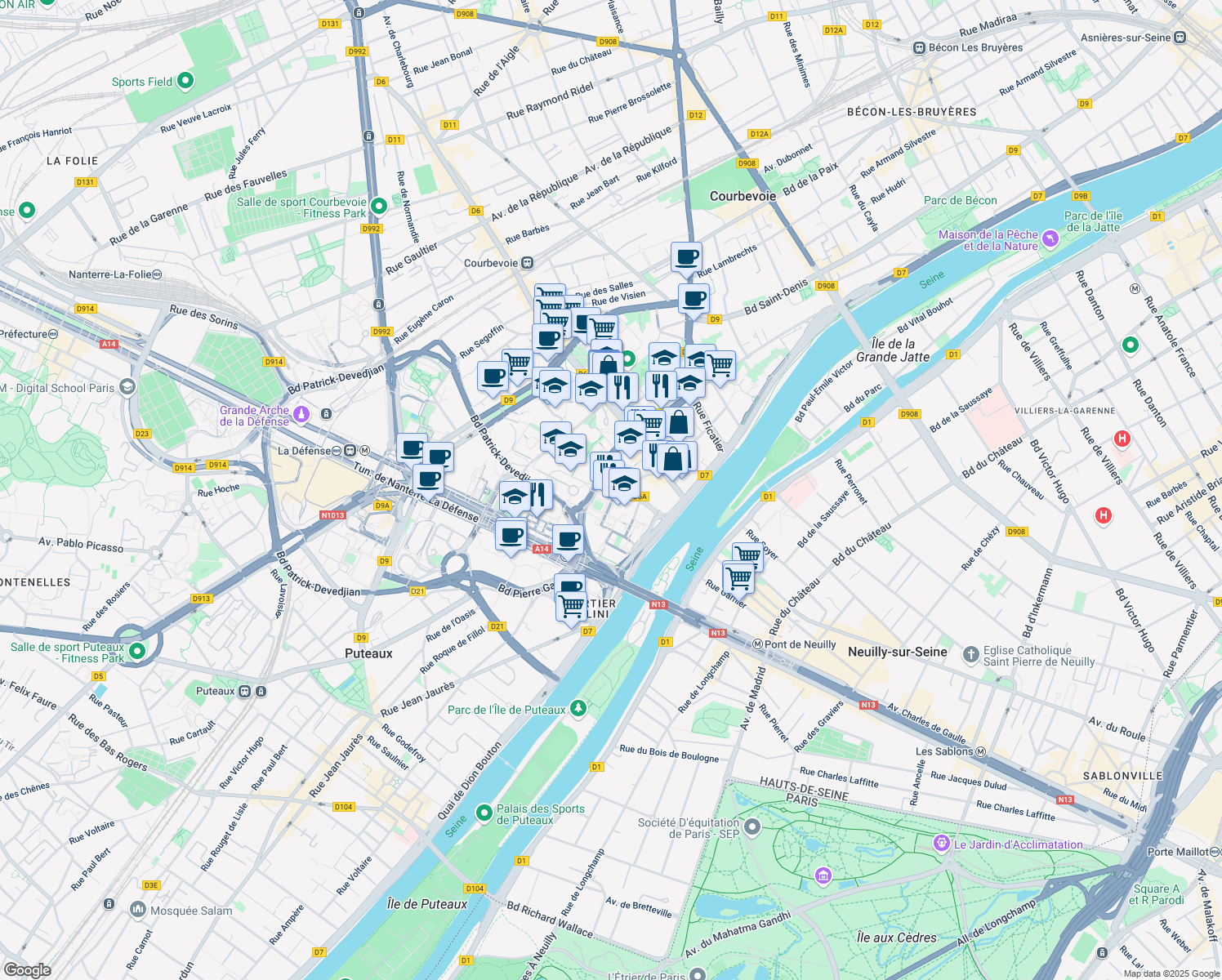 map of restaurants, bars, coffee shops, grocery stores, and more near Place des Dominos in Courbevoie