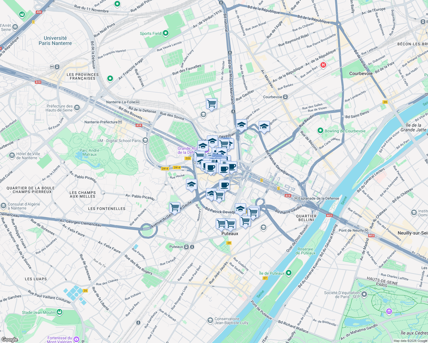map of restaurants, bars, coffee shops, grocery stores, and more near 15 Parvis de la Défense in Puteaux