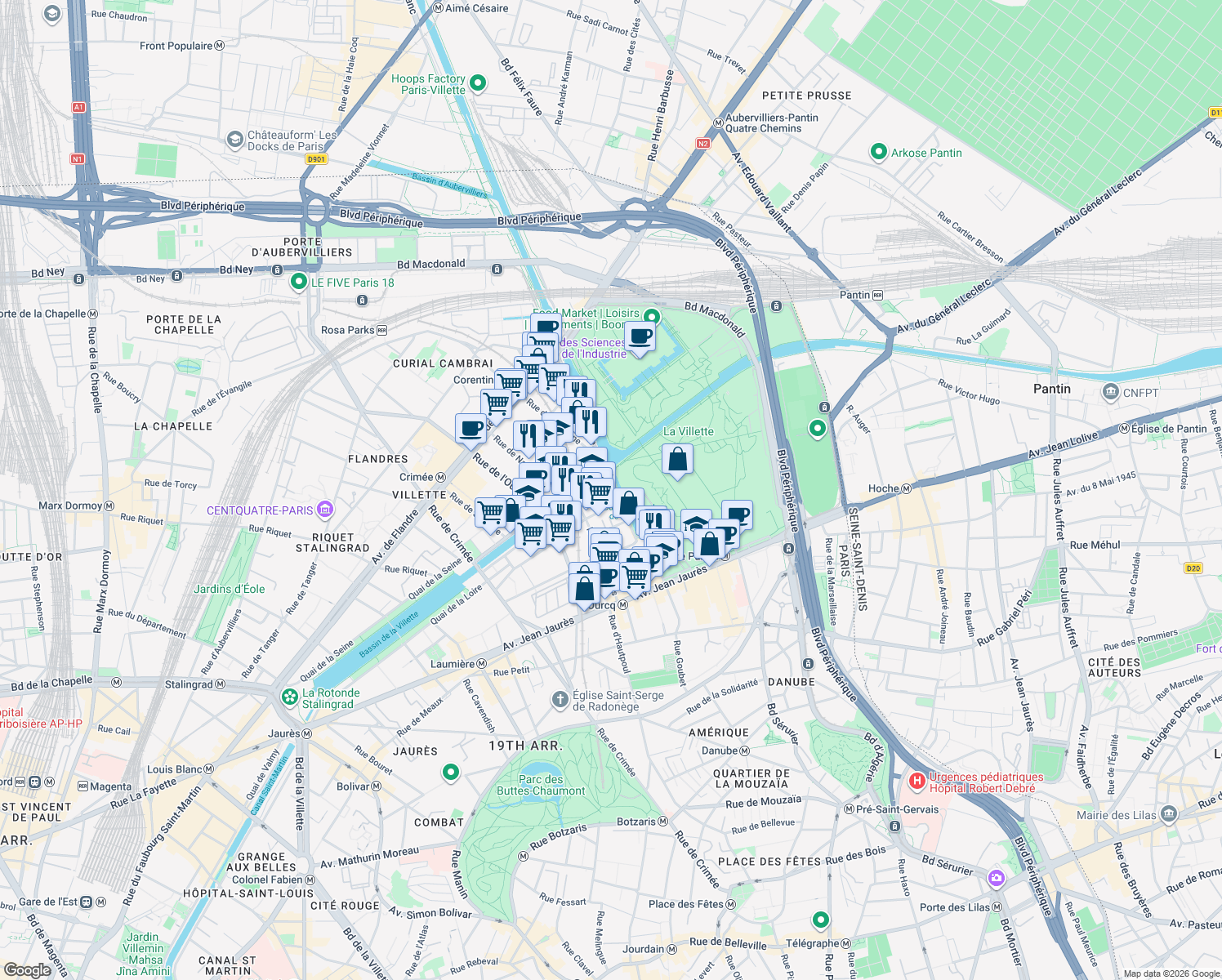 map of restaurants, bars, coffee shops, grocery stores, and more near 7 Quai de Metz in Paris