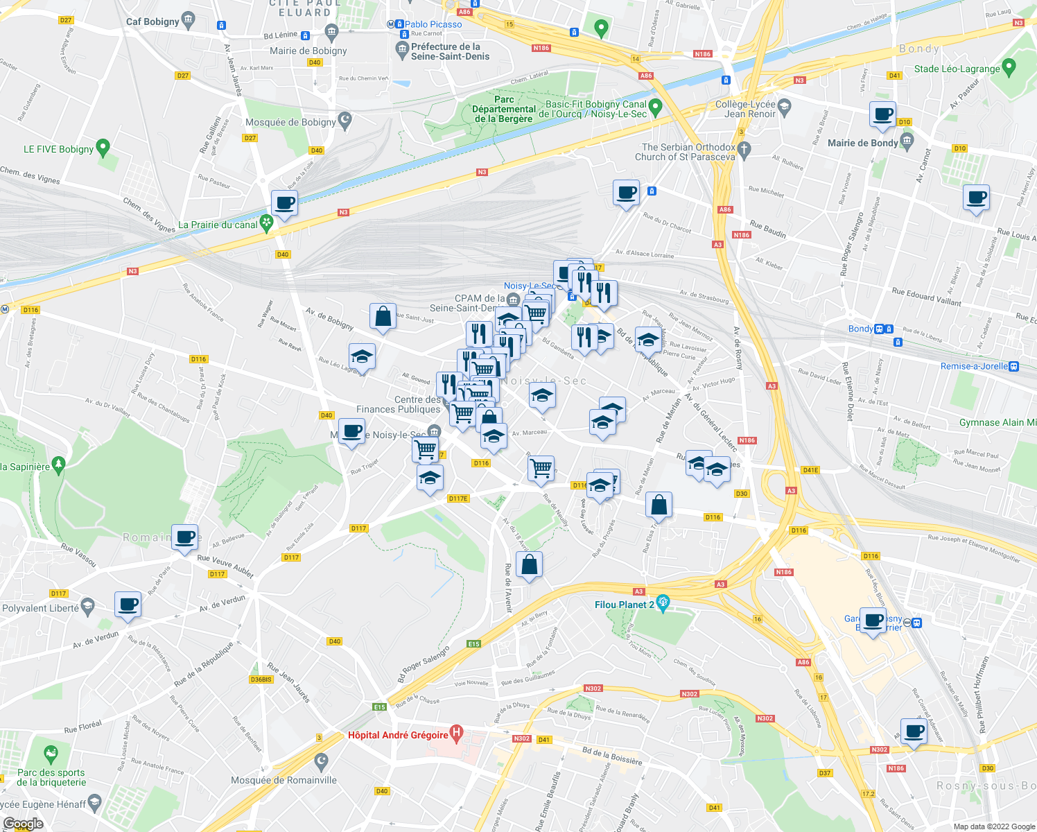 map of restaurants, bars, coffee shops, grocery stores, and more near 35 Rue Pierre Brossolette in Noisy-le-Sec