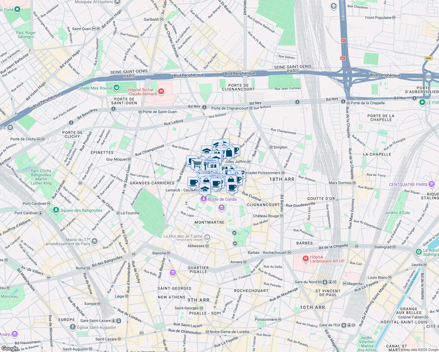 map of restaurants, bars, coffee shops, grocery stores, and more near 129 Rue des Saules in Paris