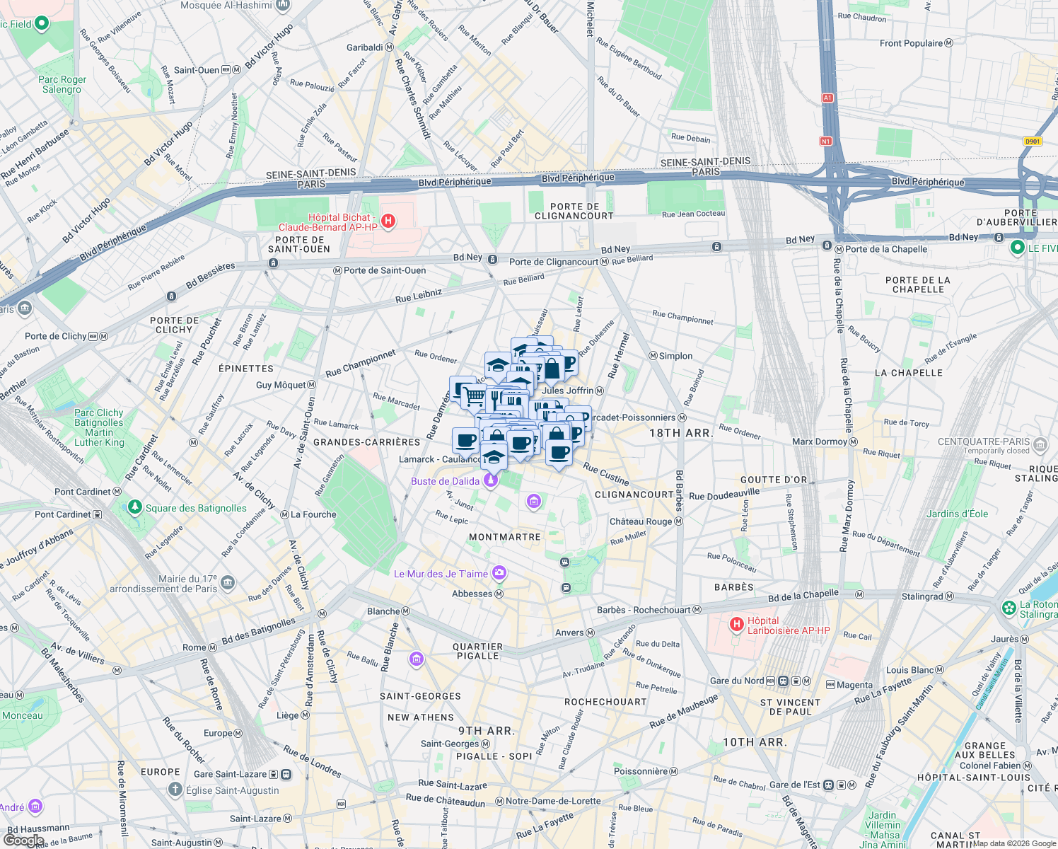 map of restaurants, bars, coffee shops, grocery stores, and more near 145 Rue des Saules in Paris