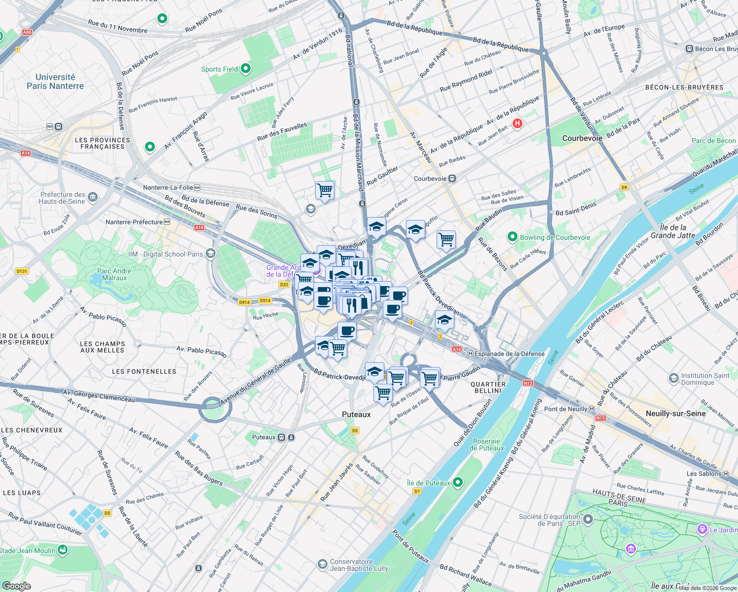 map of restaurants, bars, coffee shops, grocery stores, and more near 3 Place de la Défense in Puteaux
