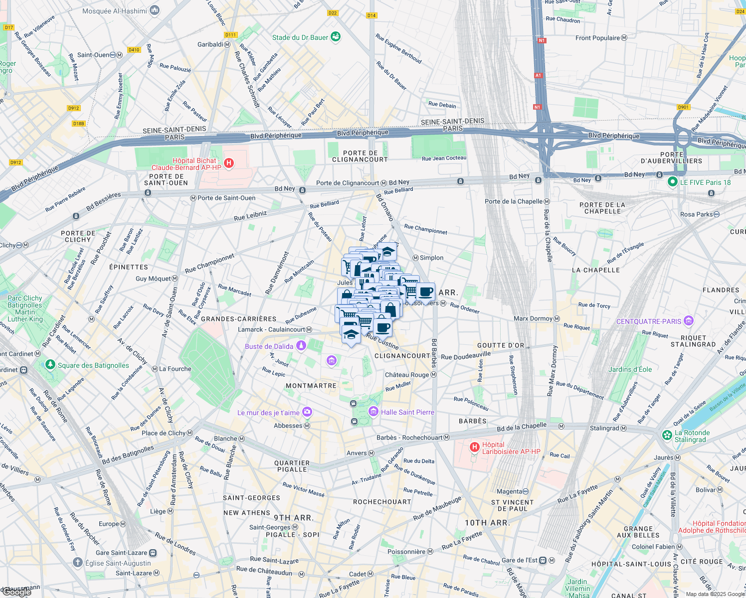 map of restaurants, bars, coffee shops, grocery stores, and more near 29 Rue Hermel in Paris