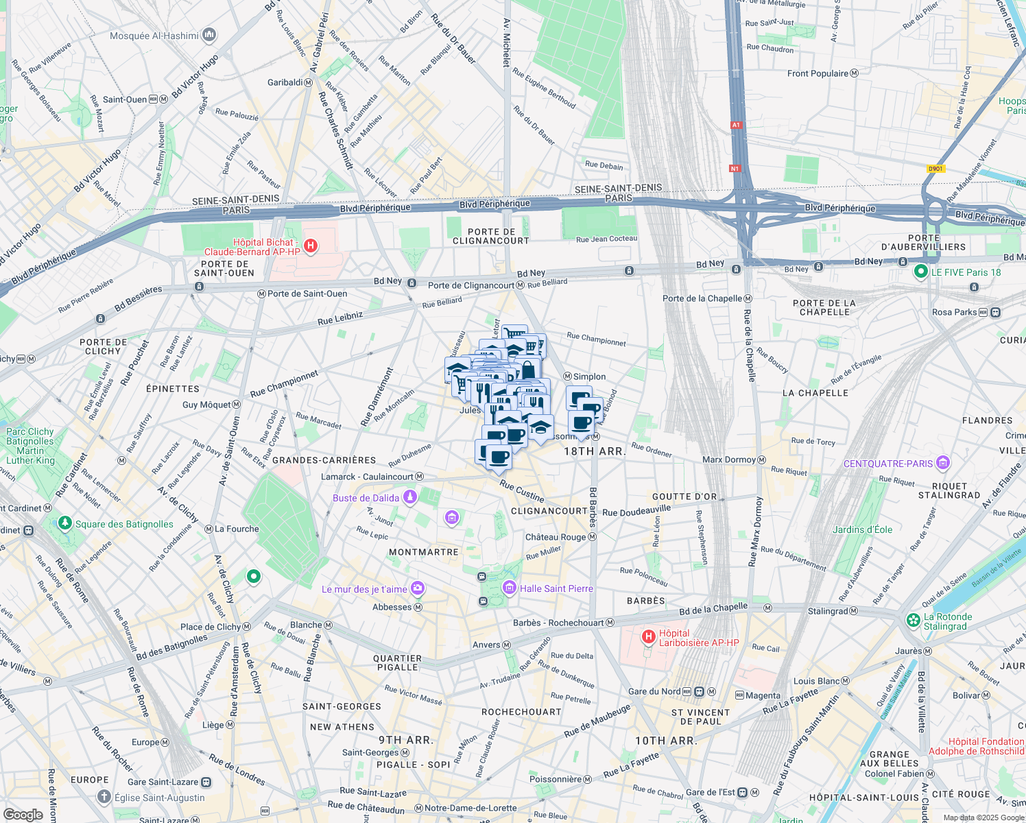 map of restaurants, bars, coffee shops, grocery stores, and more near in Paris