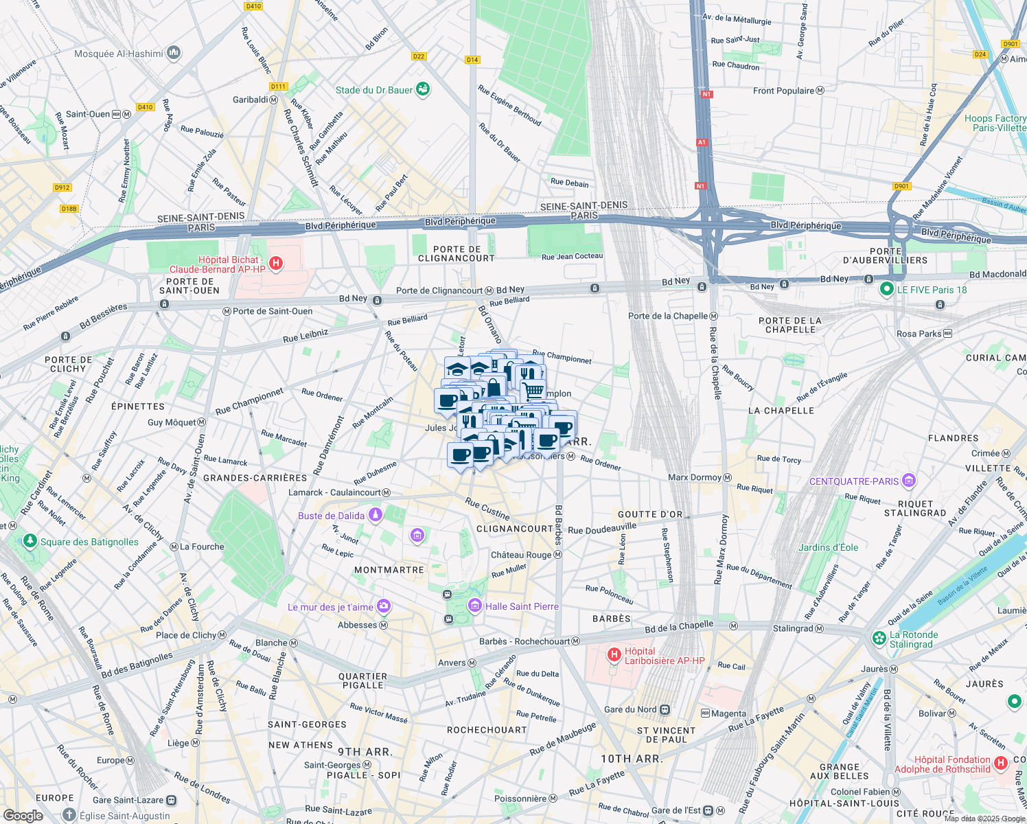map of restaurants, bars, coffee shops, grocery stores, and more near 1 Square de Clignancourt in Paris