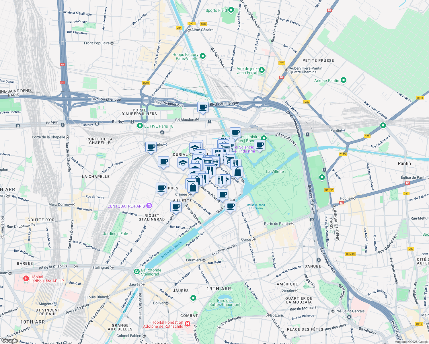 map of restaurants, bars, coffee shops, grocery stores, and more near 146 Avenue de Flandre in Paris
