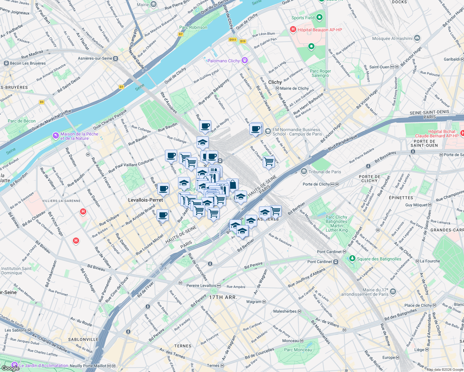 map of restaurants, bars, coffee shops, grocery stores, and more near 10 Rue Jules Verne in Levallois-Perret