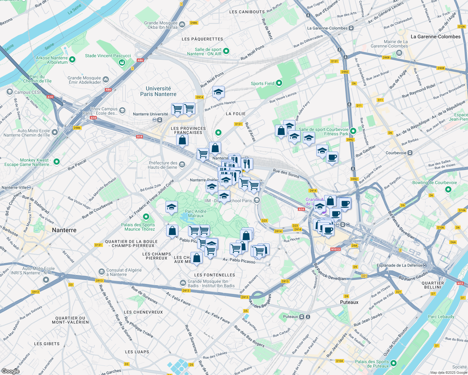 map of restaurants, bars, coffee shops, grocery stores, and more near Rue des 3 Fontanot in Nanterre