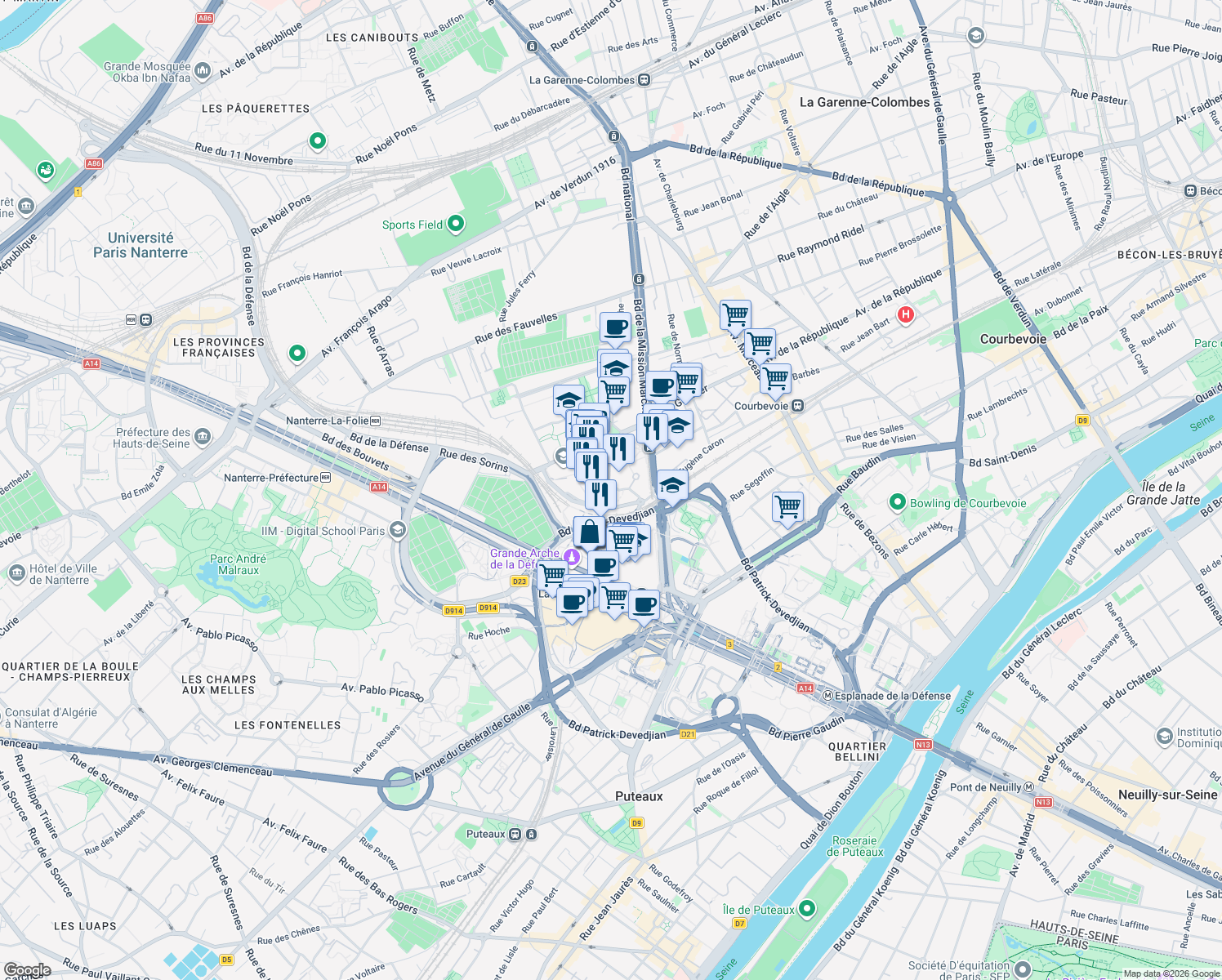 map of restaurants, bars, coffee shops, grocery stores, and more near 9 Rue François Rabelais in Courbevoie